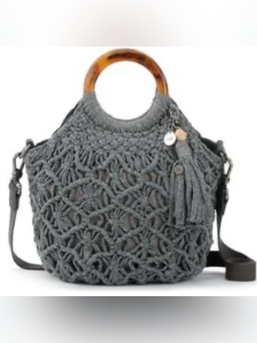 Sak Helena Crochet Circle Handle Crossbody Tortoise Shell Ring Top Handle Gray